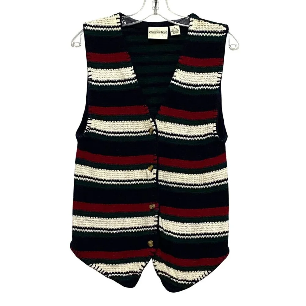 Vtg Womens Knit Button Front Vest M Y2K‎ 90s Grandpacore Indie Striped Hipster